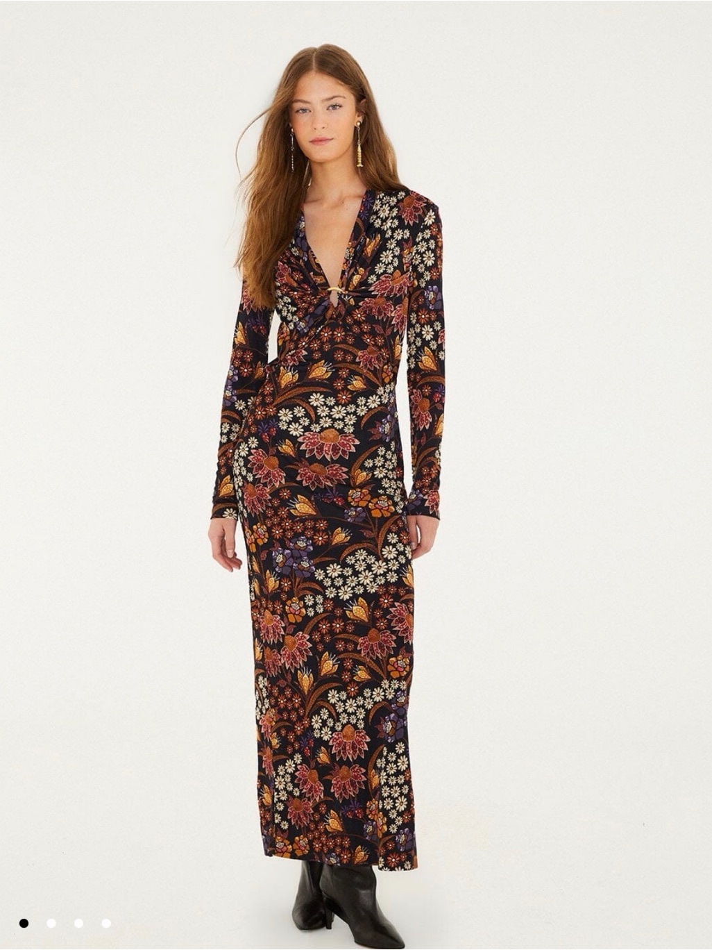 Farm Rio Black Long Sleeve Floral Twist-Front Dress With Gold, Red & Purple